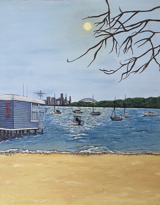 Painting of the Watsons's Bay Harbour with the Sydney skyline in the background on Summer's day