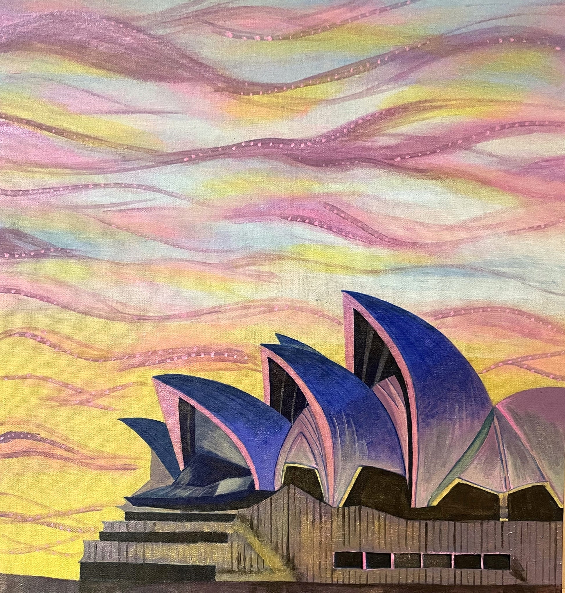 Painting of the Sydney Opera House at sunset in pink, blue and yellow tones.