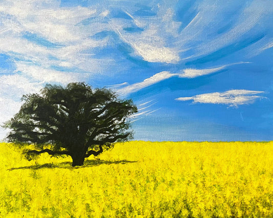 Painting on canvas of a canola field and lone tree, under a blue sky and wispy clouds