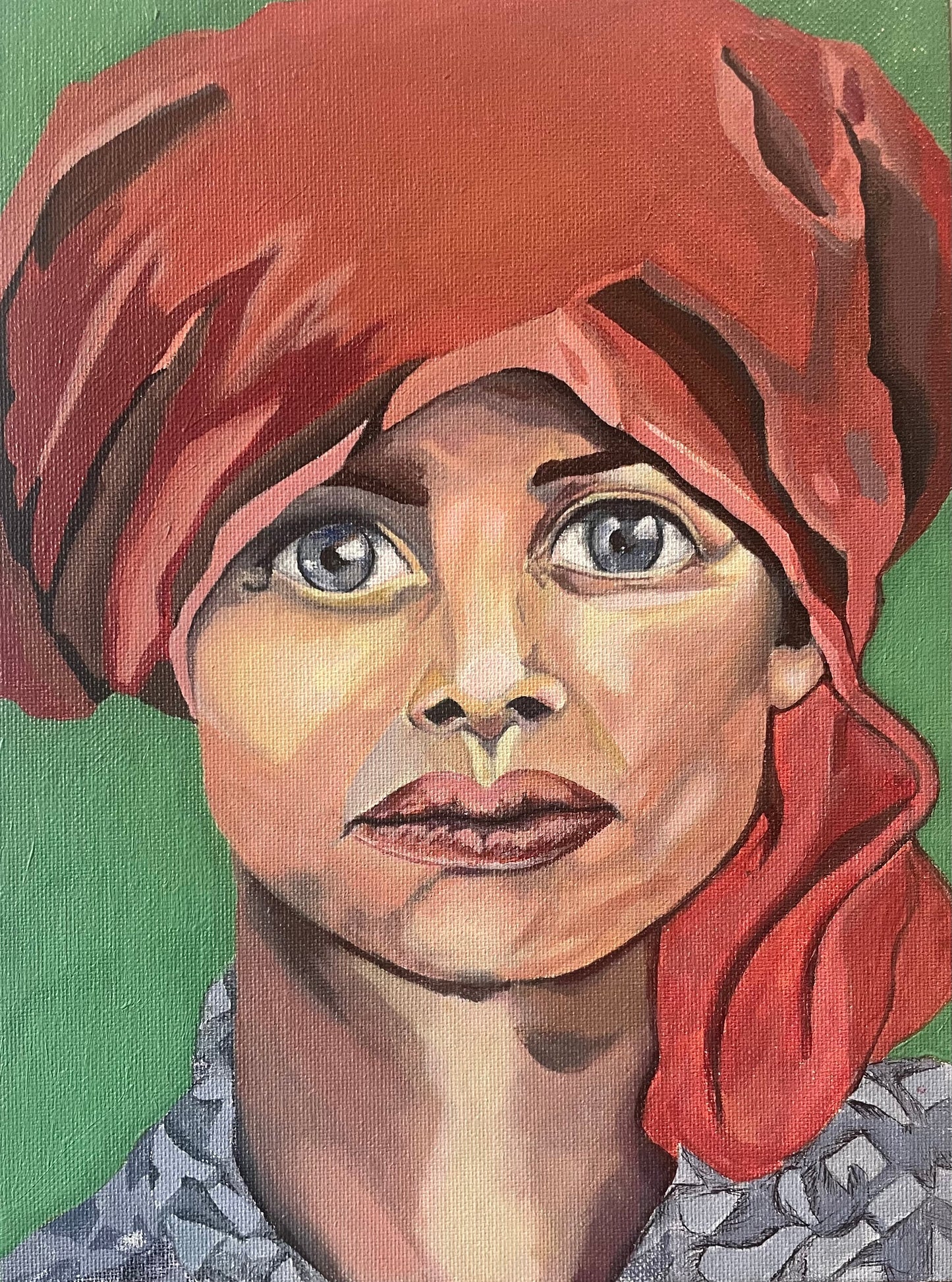 Painting of a young girl in a red turban with piercing blue eyes.