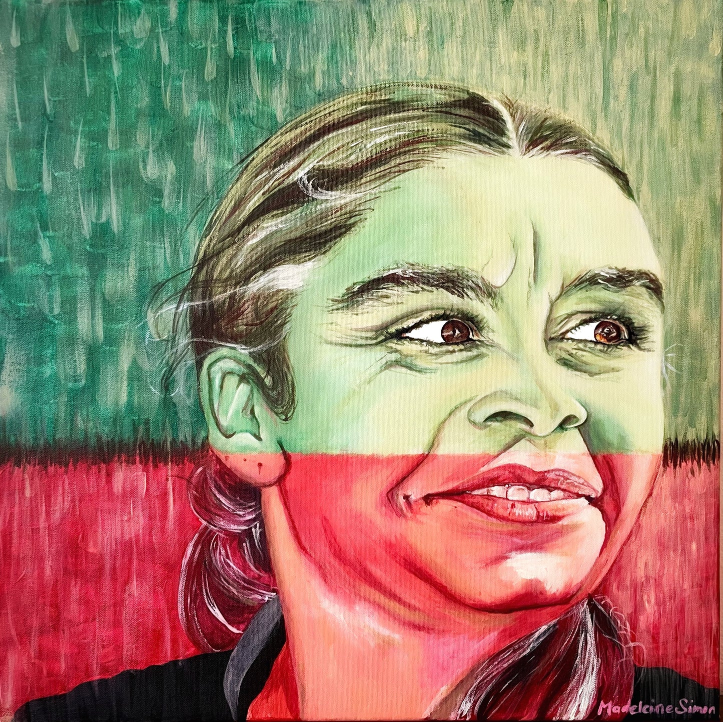 A portrait painting of Latoya, a proud Aboriginal woman, painted in green and red hues.