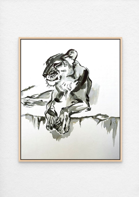 Ink painting of a lioness lying on the ground