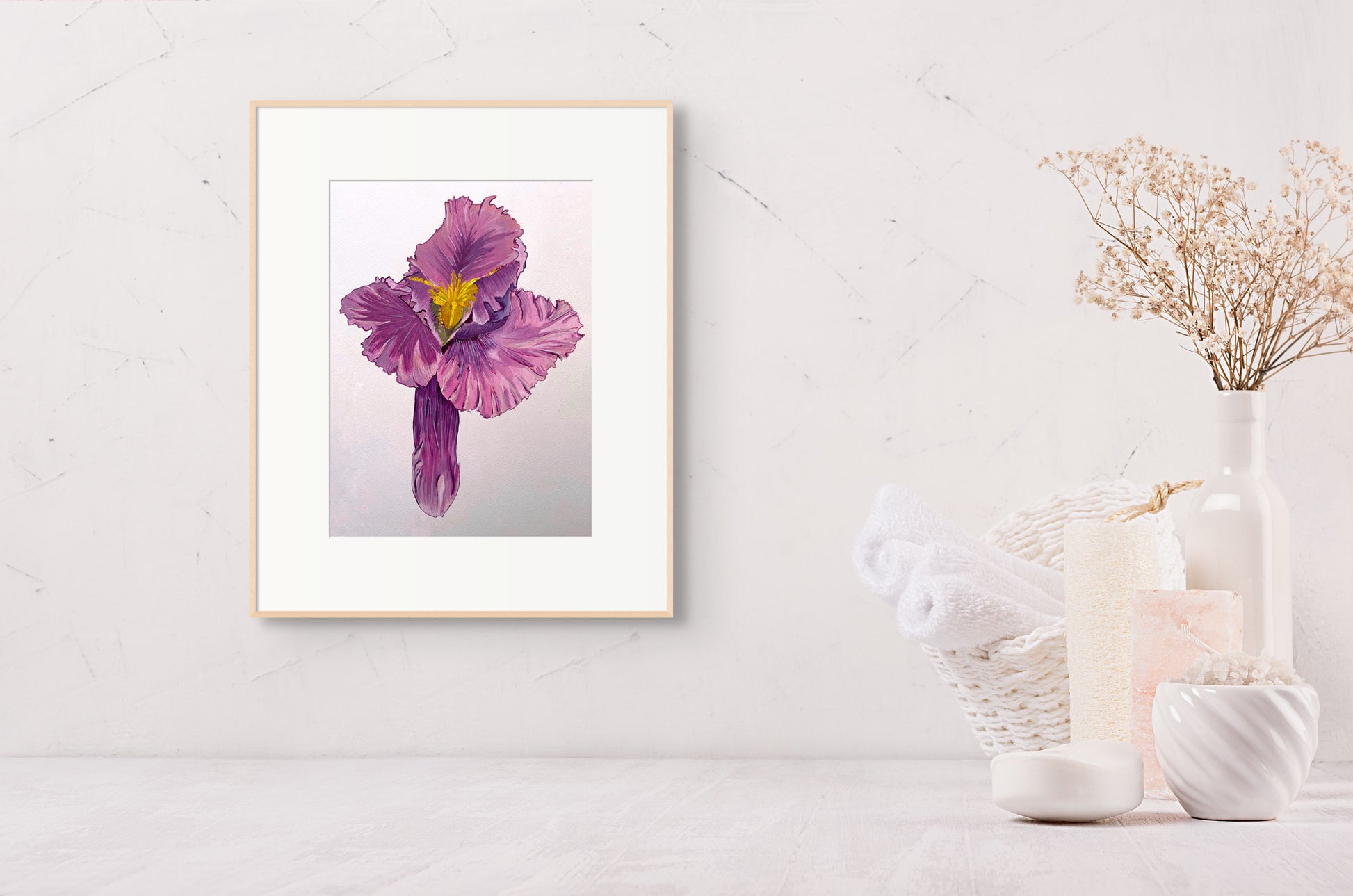 Painting of a raspberry-coloured Iris flower hangs in a modern white bathroom.