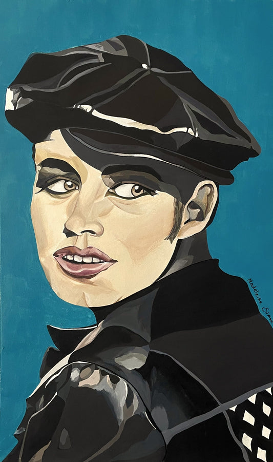 Portrait painting of a woman wearing a black leather beret and jacket, with a blue background.