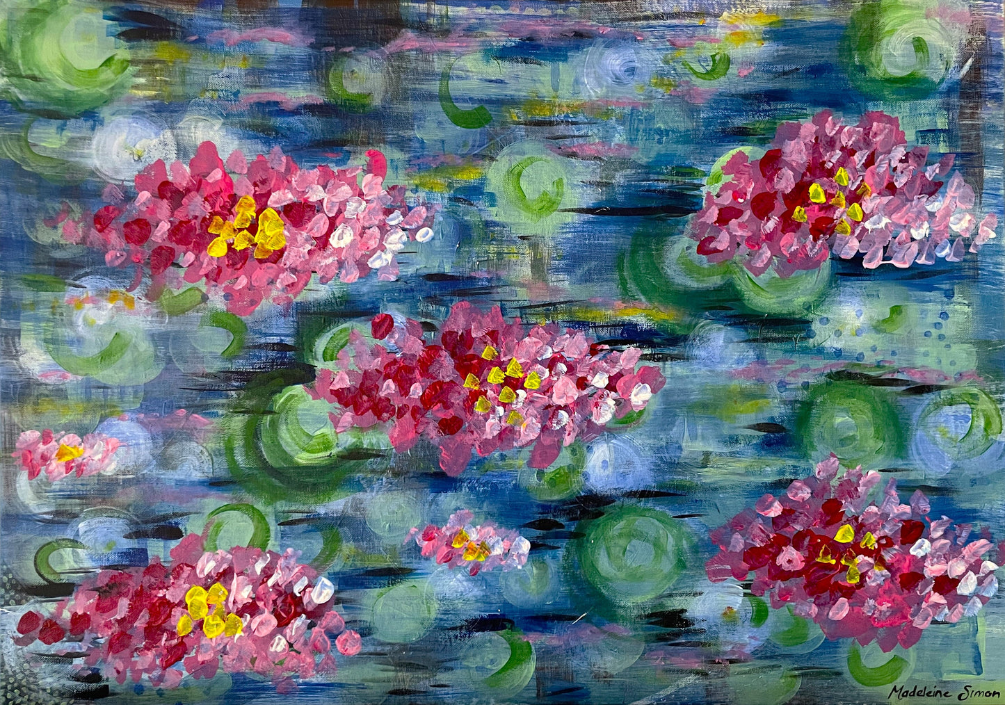 A bold textured painting of pink lilies in a pond.