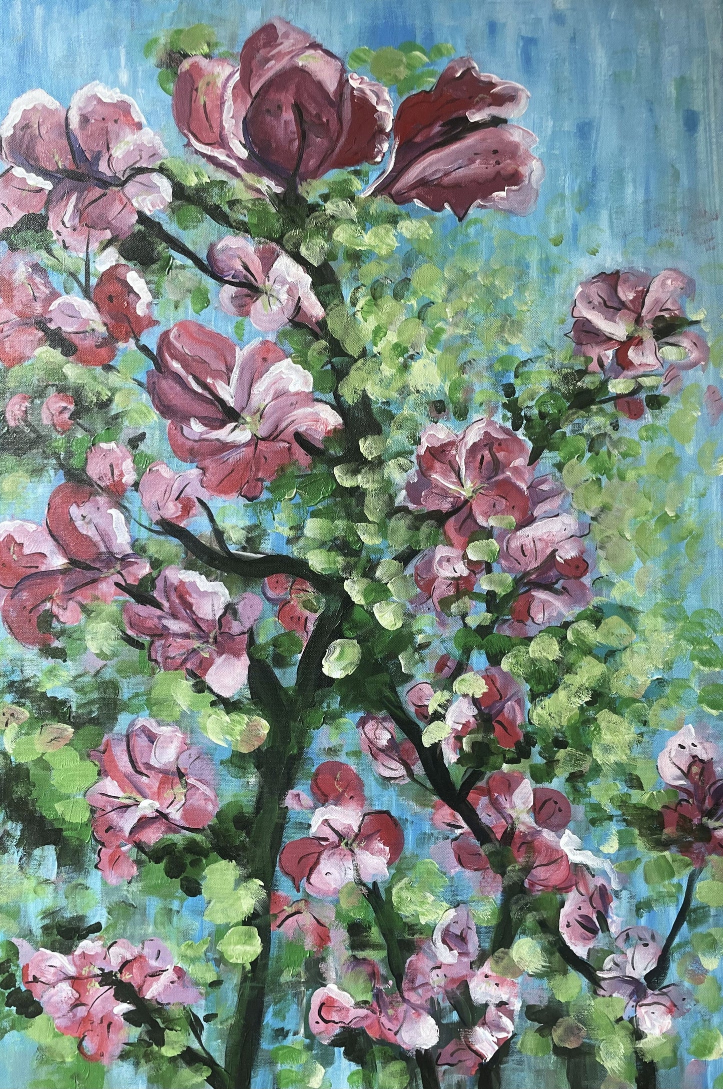 Painting on canvas featuring a rose-pink bougainvillaea tree.