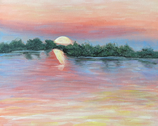 Painting of the Zambezi River at sunset. Tones are peach and purple.