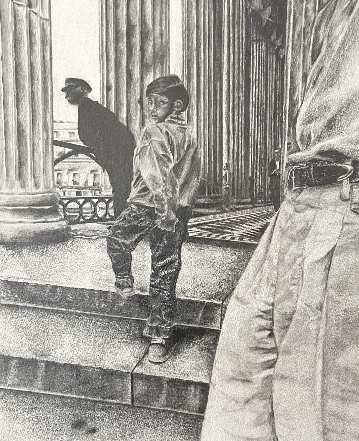 Pencil drawing of a young boy climbing the stairs to a museum. A uniformed guard is in the background.