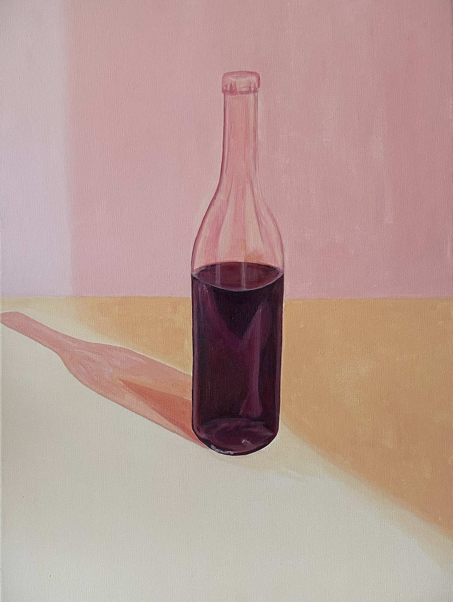 Painting of a rustic bottle of red wine in aesthetic tones of peach, pink and lemon yellow.