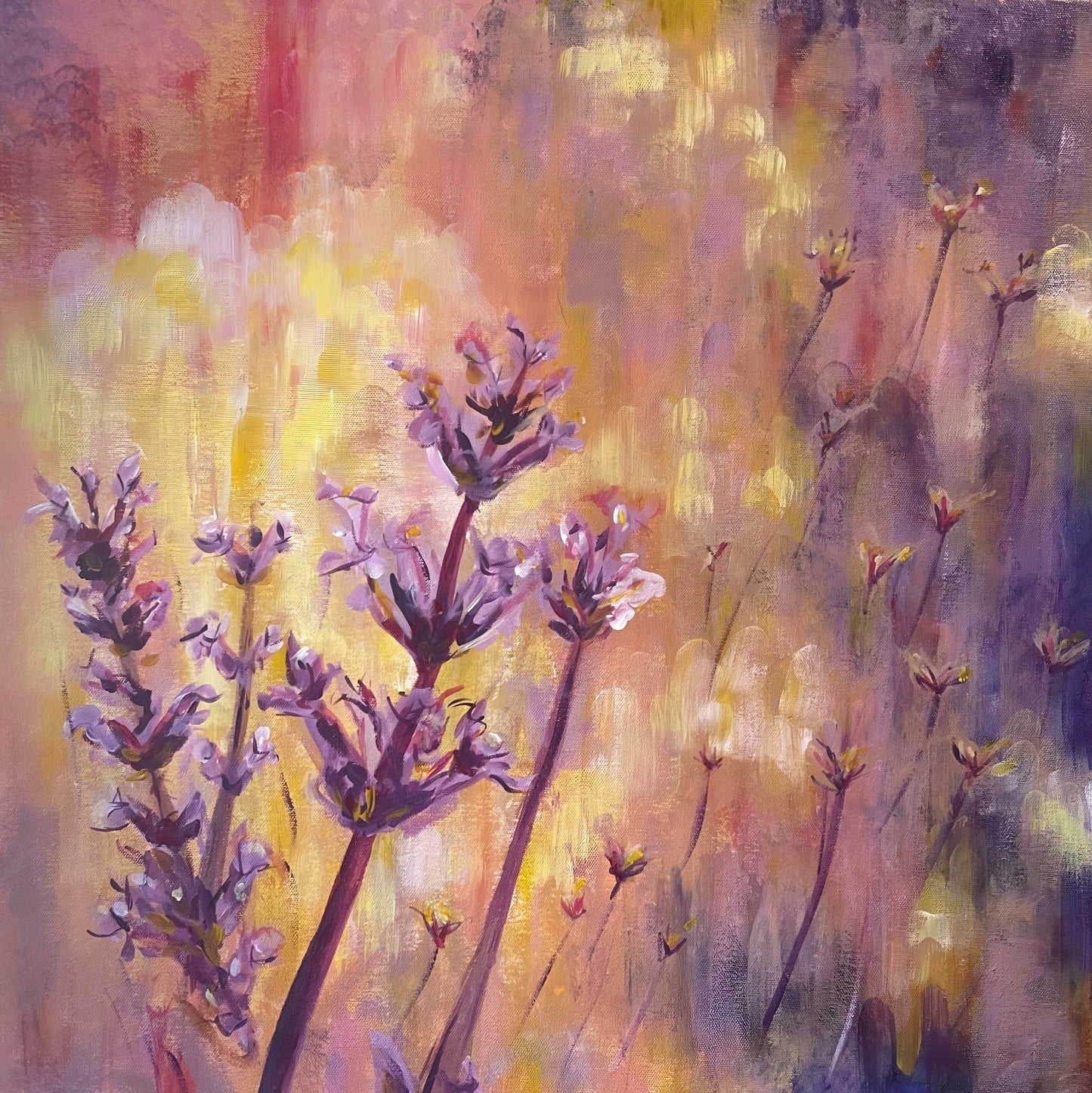 Painting of lilac lavender in the warm yellow glow of the setting sun.