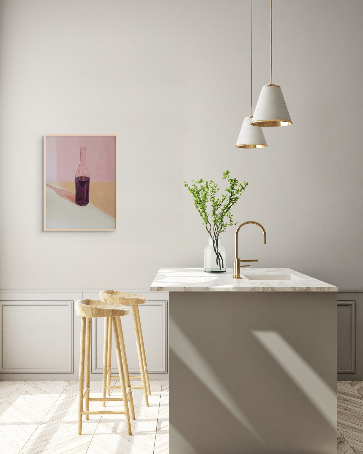 Painting of a wine botte in a modern kitchen setting.