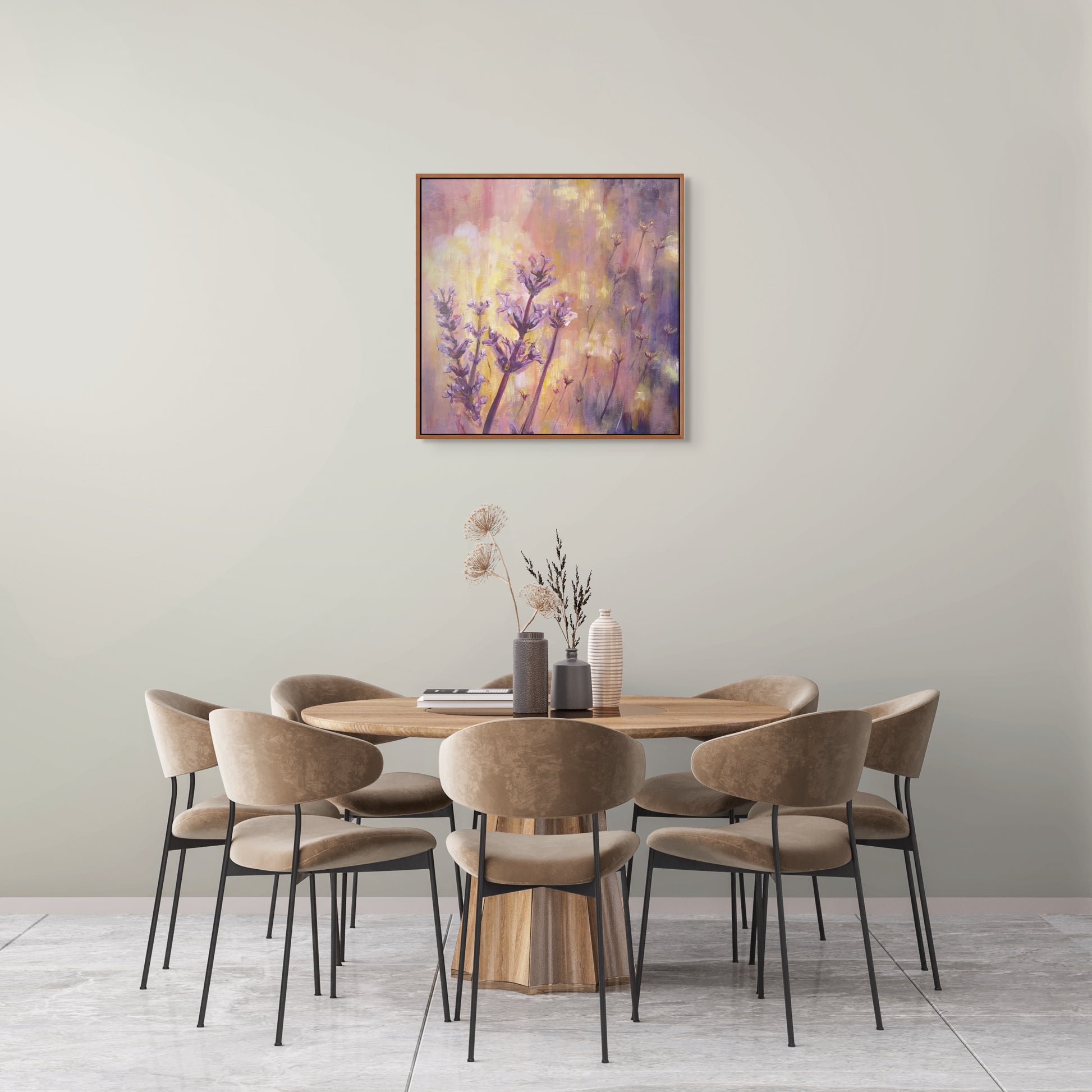 Painting of lavender at twilight hanging above a wooden dining table.